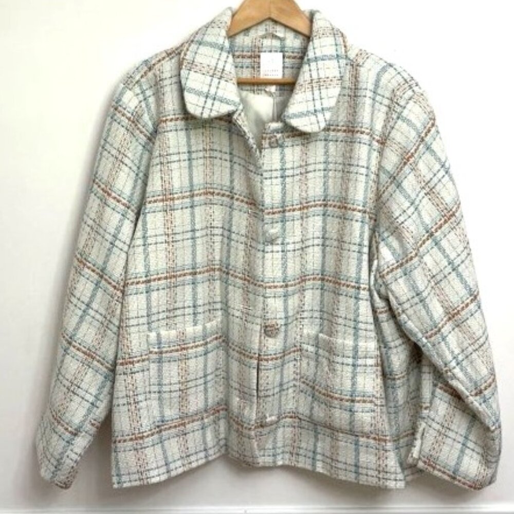 Lauren Conrad Woman Crop Tweed Jacket Sz‎ 4X Ivory Teal & Orange